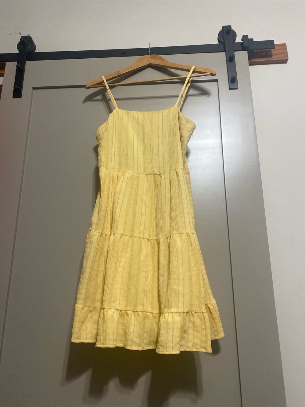 Love Riche Pale Yellow Tiered Spaghetti-Strap Mini Dress